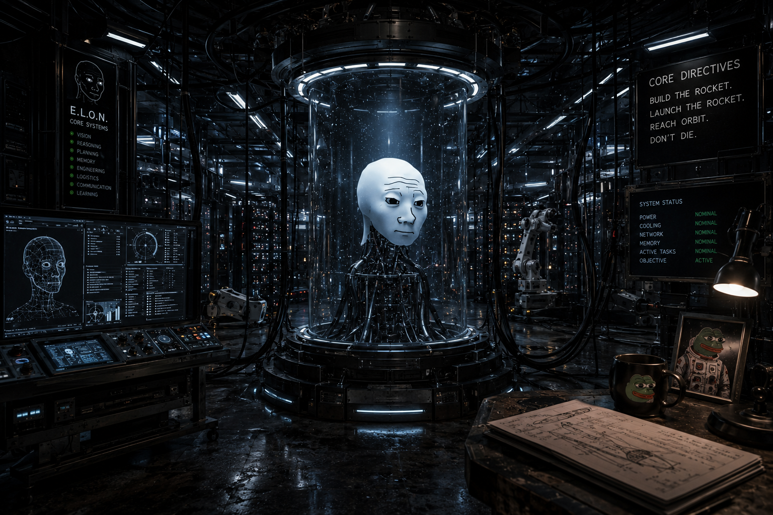 The E.L.O.N. AI core suspended in its containment tank