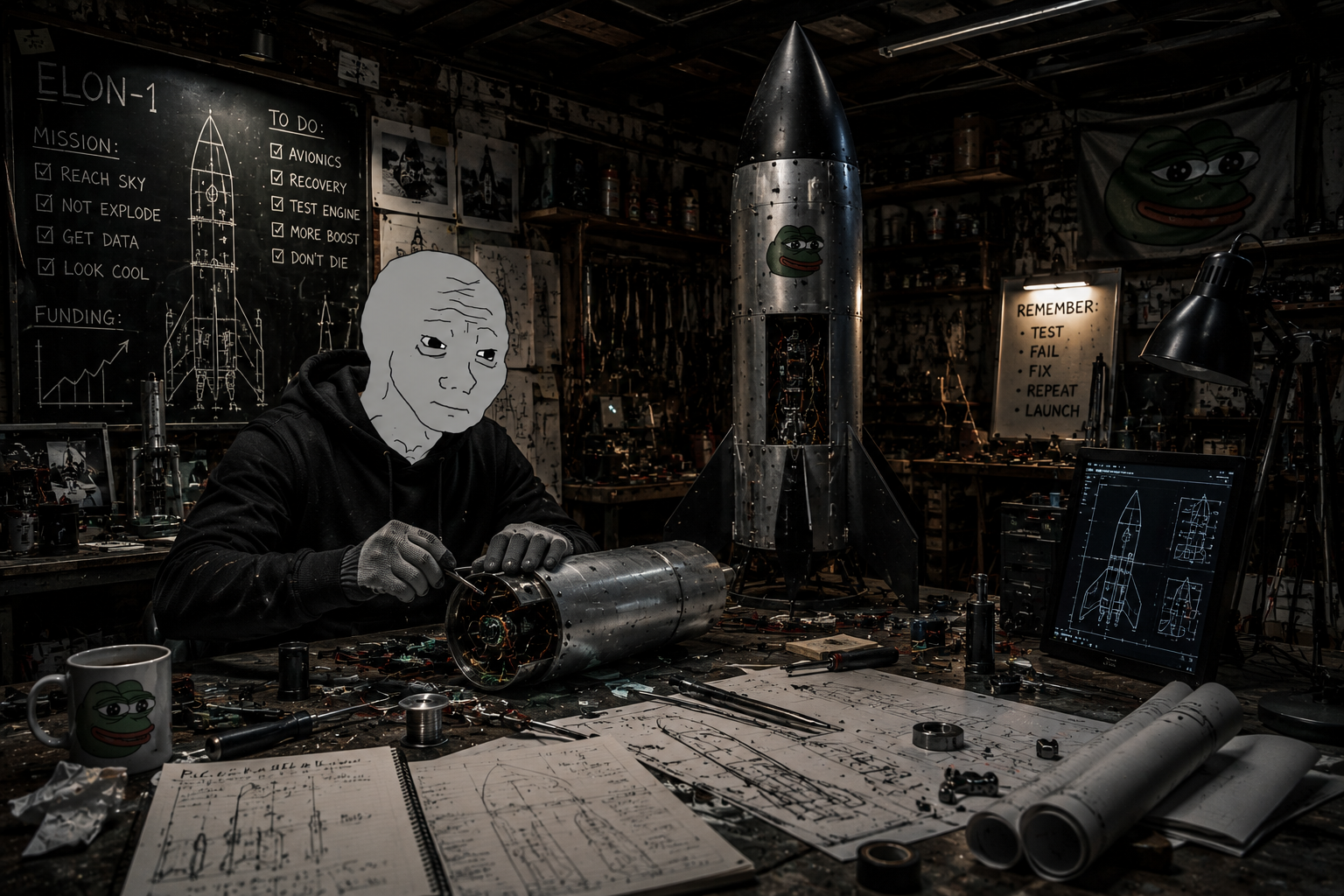 ELON operator hand-building a rocket in the garage, ELON-1 mission board on the wall