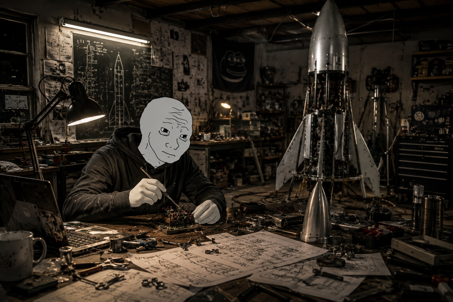 Operator soldering avionics beside the rocket